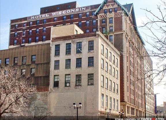 A large building with the words