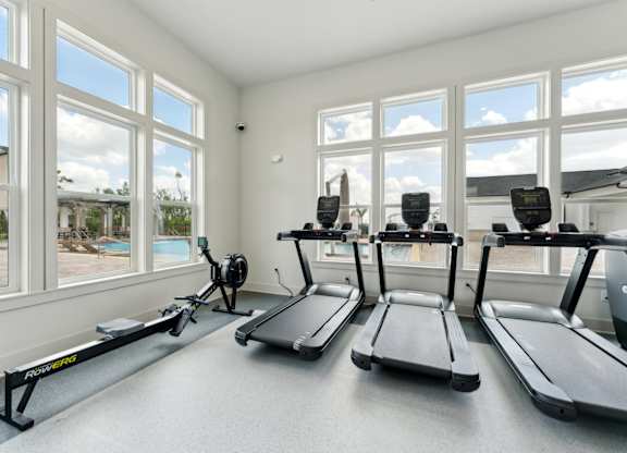 treadmill and row machines in fitness center at The Hendry Apartments, Fort Myers, FL