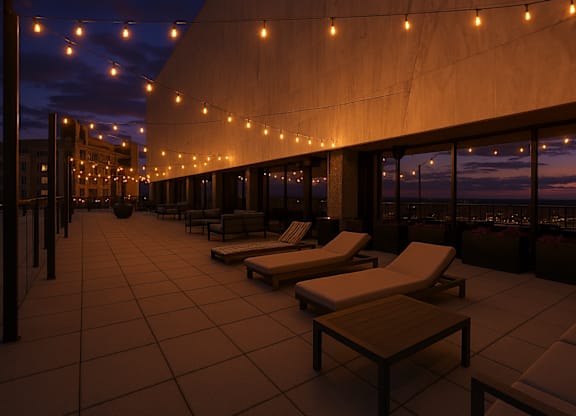 Rooftop with String Lights at The 600 Apartments, Birmingham, AL, 35203