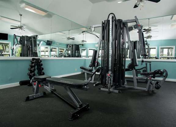 Gym with weights and mirrors at West Wind Landing, Savannah, GA, 31410
