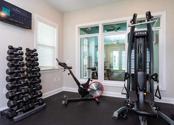 a home gym with a bike and weights