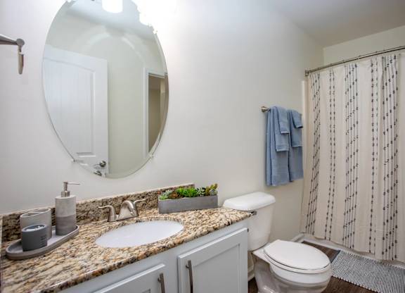 A bathroom with a sink, toilet, and shower.