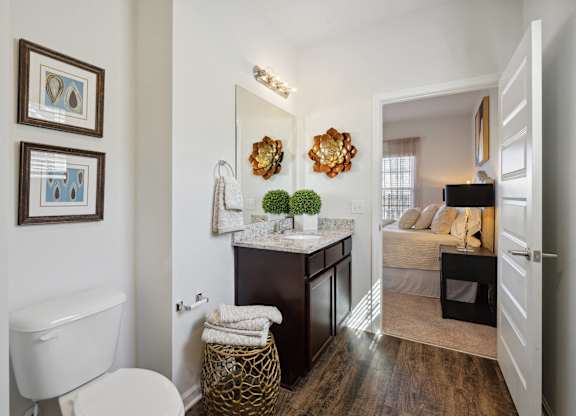 Bathroom with a toilet and a sink in a room with a bedroom  at The Meadows, Bloomingdale