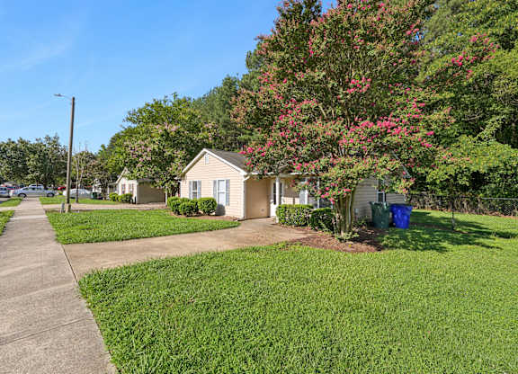 A tree with pink flowers is in front of a house.