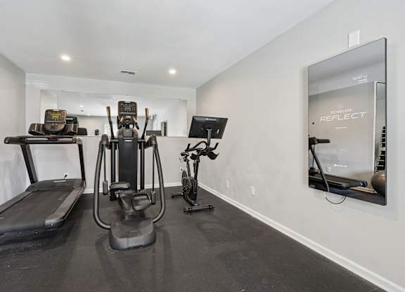 A gym room with a treadmill, a stationary bike, a rowing machine, and a mirror.