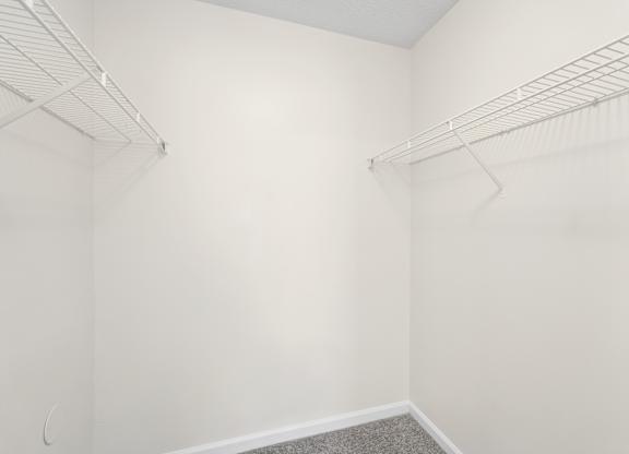 A white closet with two shelves and a carpeted floor.