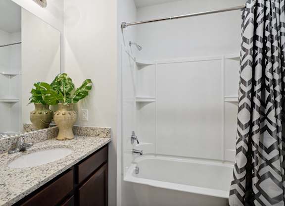 Bathroom with a shower and a sink and a mirror  at The Meadows, Bloomingdale, GA