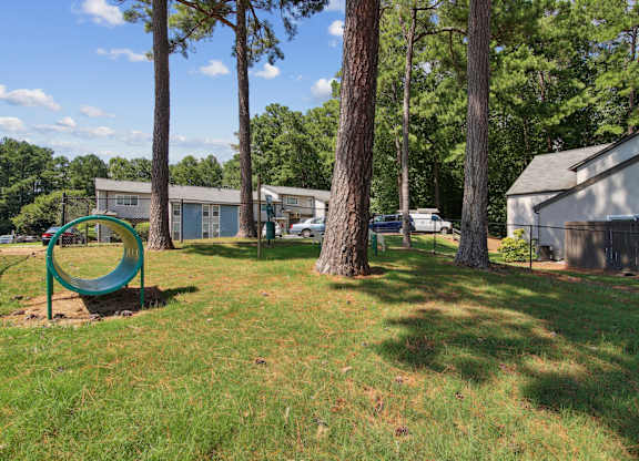 A playground with a green slide and a tree in the foreground  at The Taylor, Marietta, GA.