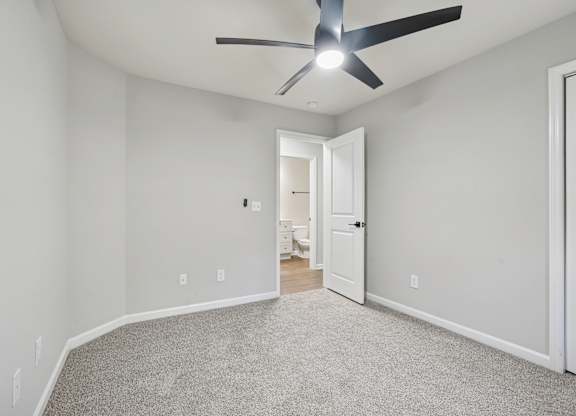 A room with a ceiling fan and carpeted floor.