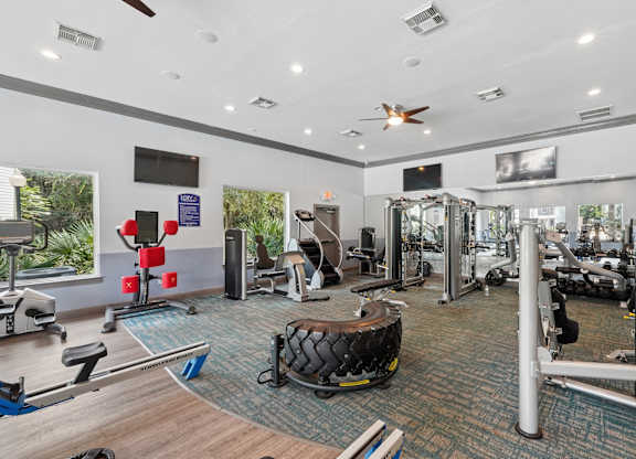 A gym with a variety of equipment including a treadmill, weights, and a bench press.