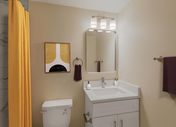 A bathroom with a toilet, sink, mirror, and a yellow curtain.