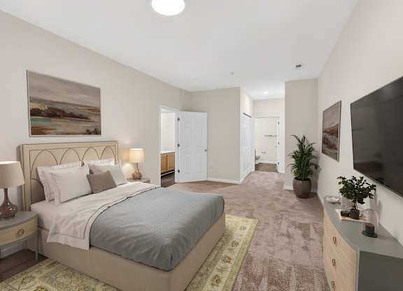 A bedroom with a large bed and a painting on the wall.