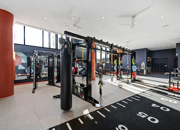 A gym with a variety of equipment including a punching bag.