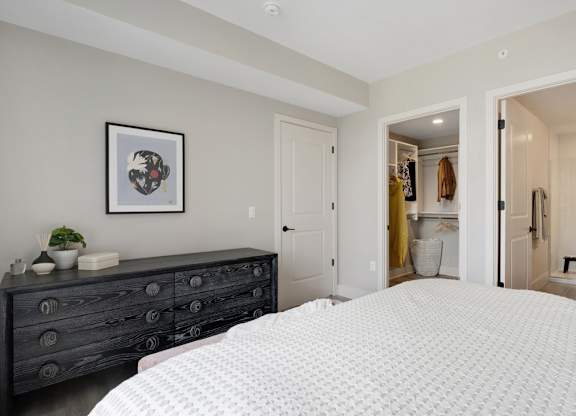A bedroom with a large bed and a dresser with a plant on top.