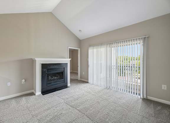 A room with a fireplace and a sliding glass door.