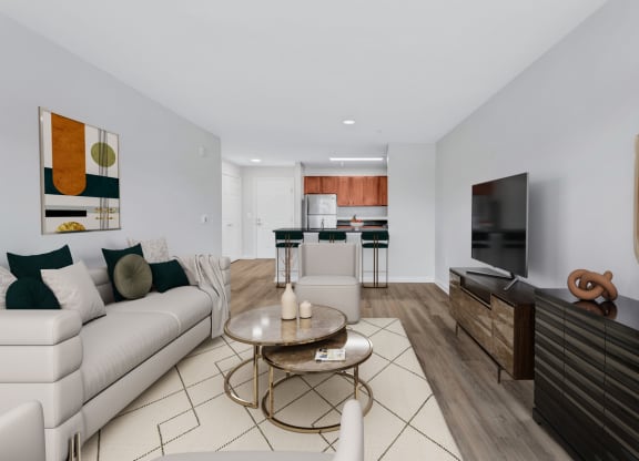 a living room with a couch and a table