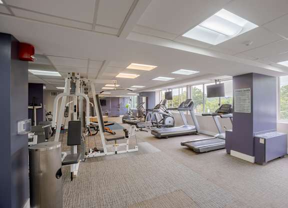 A gym with treadmills, exercise bikes, and other equipment.