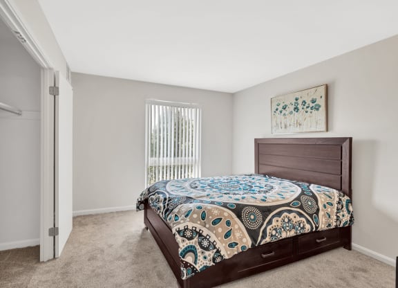 a bedroom with a bed and a closet