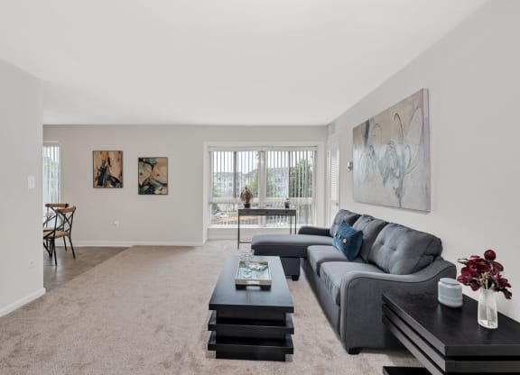 a living room with a grey couch and a coffee table