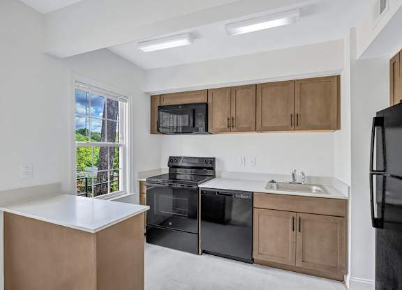 A kitchen with black appliances and wooden cabinets.