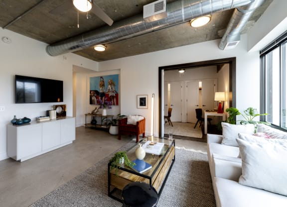living room with a comfy couch, a coffee table, and a TV.