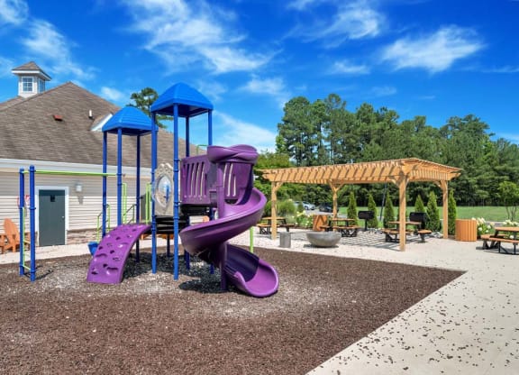 a purple playground with a purple slide in front of a house