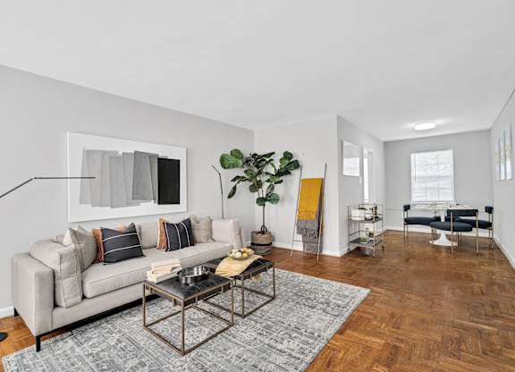 A living room with a grey couch, a coffee table, and a plant.