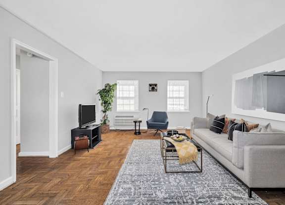 A living room with a grey couch, a coffee table, a television, and a plant.