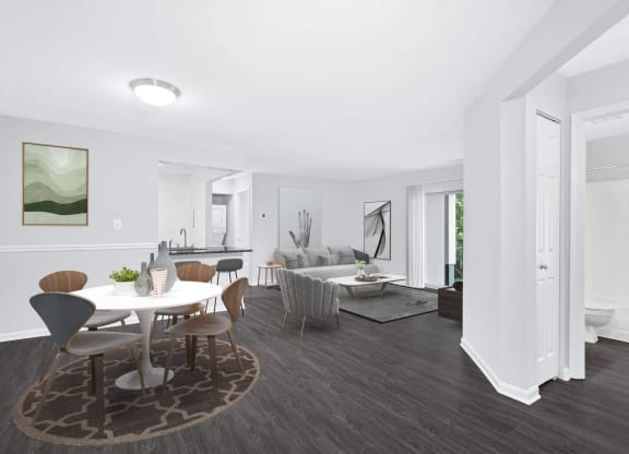 Livingroom and dining room view of an apartment home at Waterside at Reston.