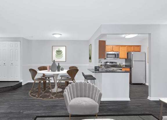 Livingroom and dining room view of an apartment home at Waterside at Reston.