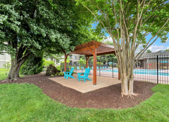 The pergola with adirondack seating at Waterside at Reston.