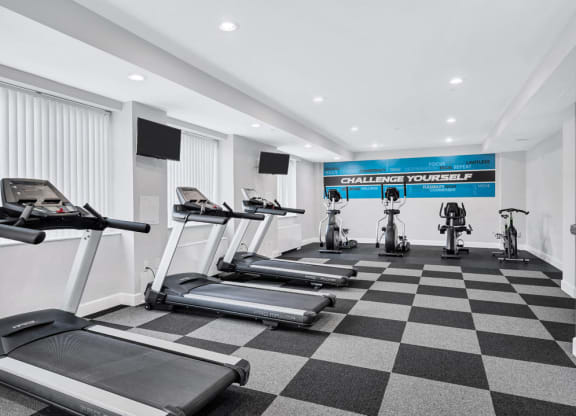 the gym is equipped with treadmills and exercise bikes