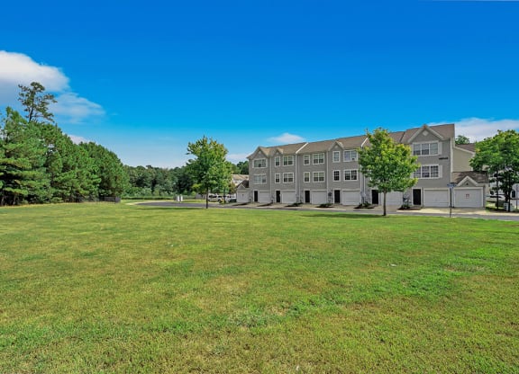 a large grassy area with trees in the background