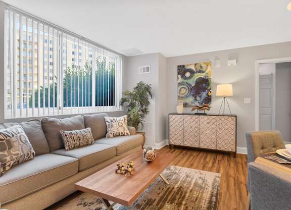 A living room with a grey couch, a wooden coffee table, and a grey rug.