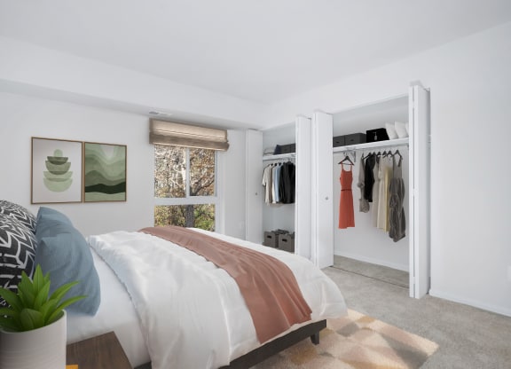 a bedroom with a bed and a closet