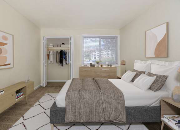 A bedroom with a large bed and a window overlooking a building.
