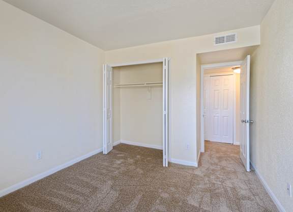 an empty bedroom with a closet and a door to a closet