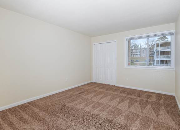 an empty living room with carpet and a window