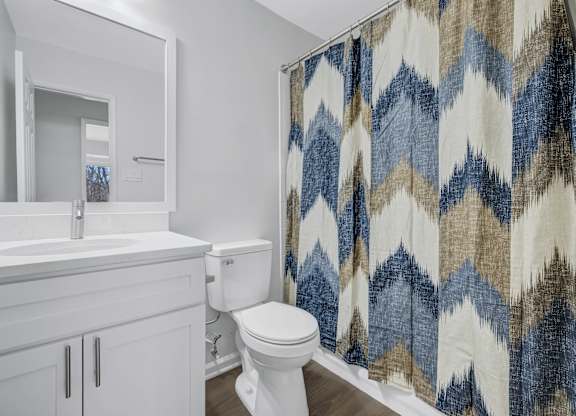 A bathroom with a white toilet and a shower curtain with a blue and brown pattern.