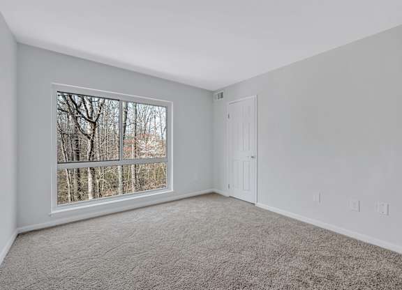 A room with a carpeted floor and a window with a view of trees outside.