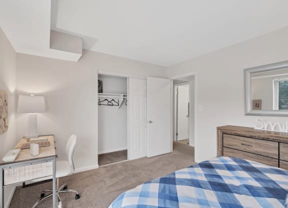 a bedroom with a bed and a desk
