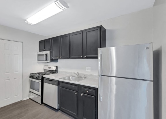 a kitchen with stainless steel appliances and black cabinets