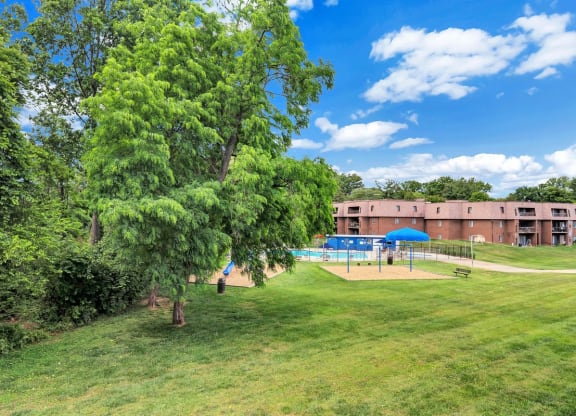 a grassy area with trees and a building in the background