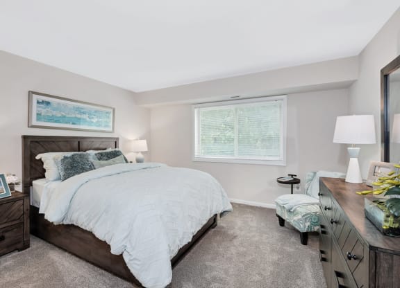 a bedroom with a bed and dresser