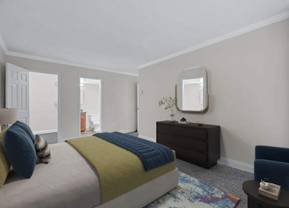 A bedroom with a bed, a dresser, a chair, and a mirror.