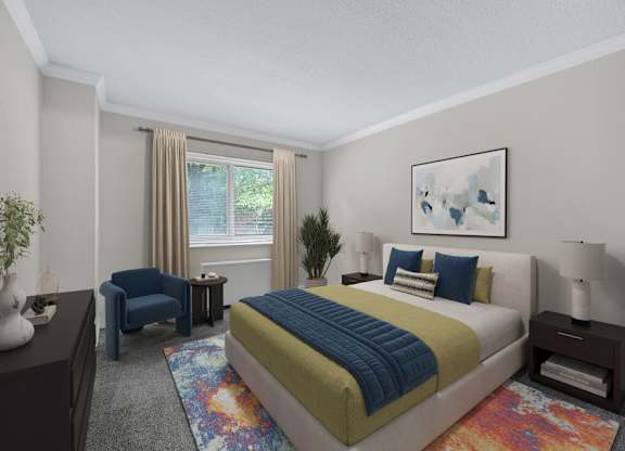 A bedroom with a bed, a chair, and a painting on the wall.