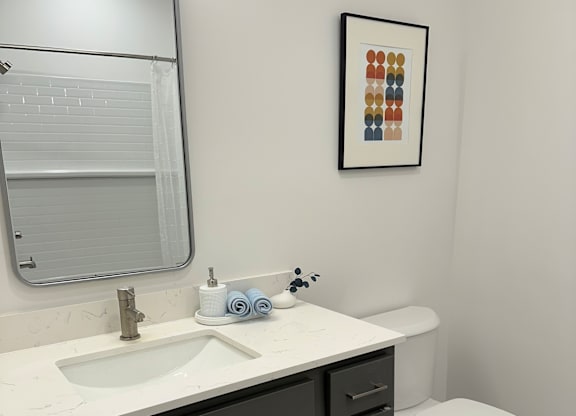A bathroom with a toilet, sink, and a mirror.