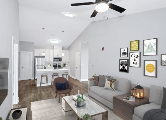The living room in the Sandstone floor plan at Overlook at Riverside.