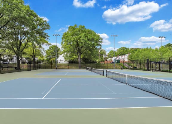 a tennis court with trees and a fence around it
