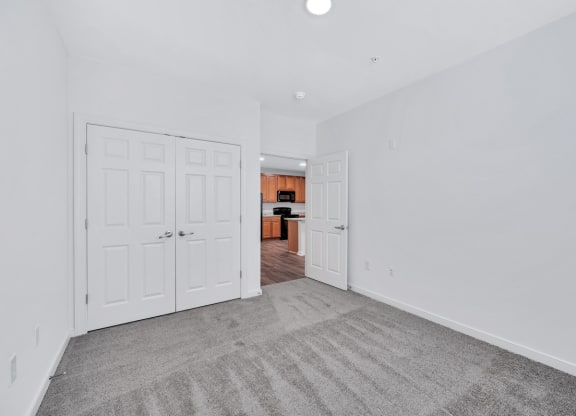 a bedroom with two closets and a door to a kitchen